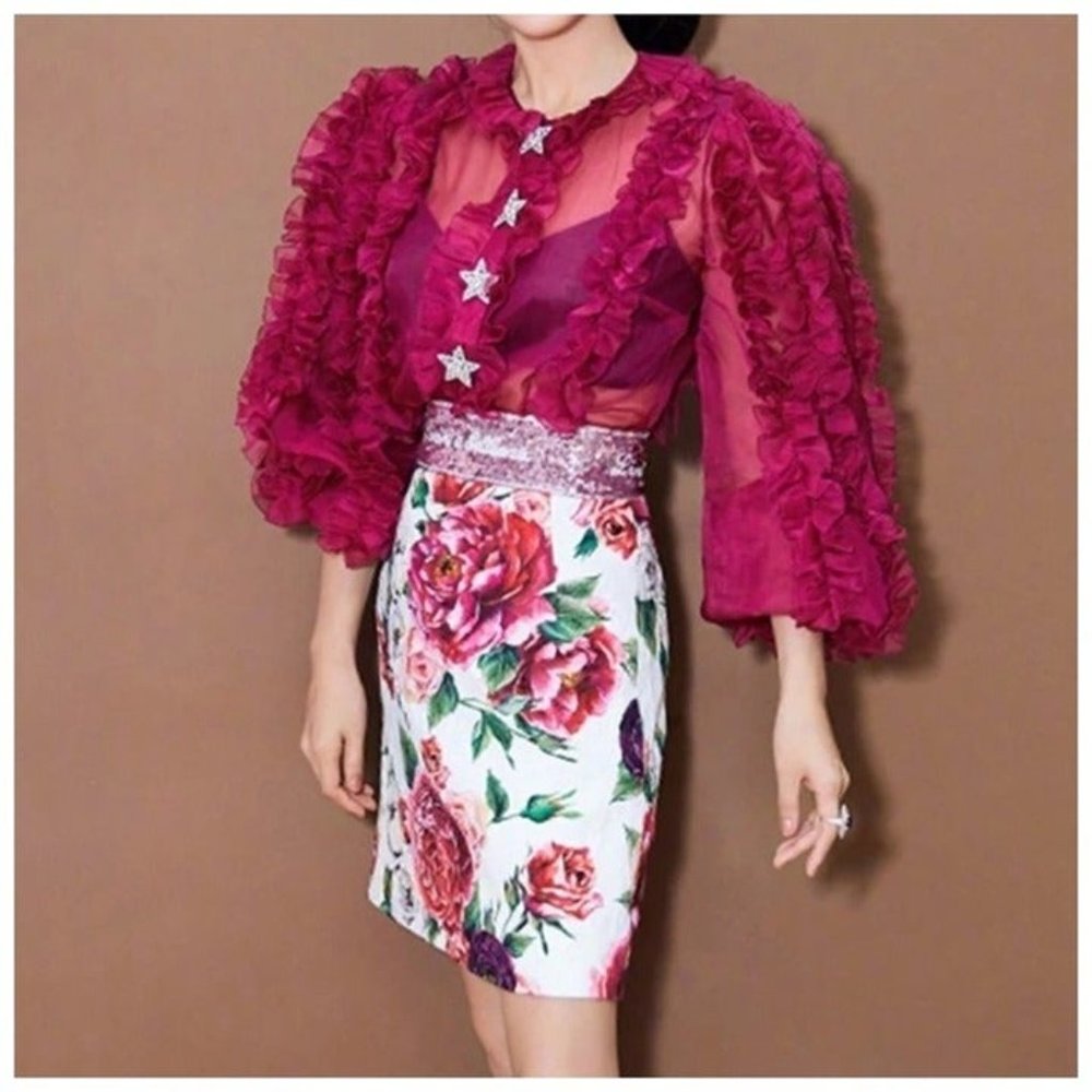 Sheer Fuchsia Ruffle Top Size Small - Picture 2 of 8